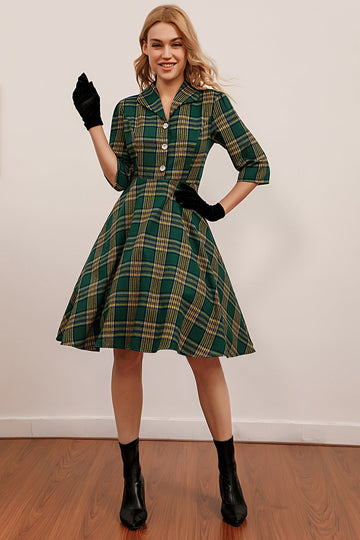Vestido de manga de cuadro verde 3/4